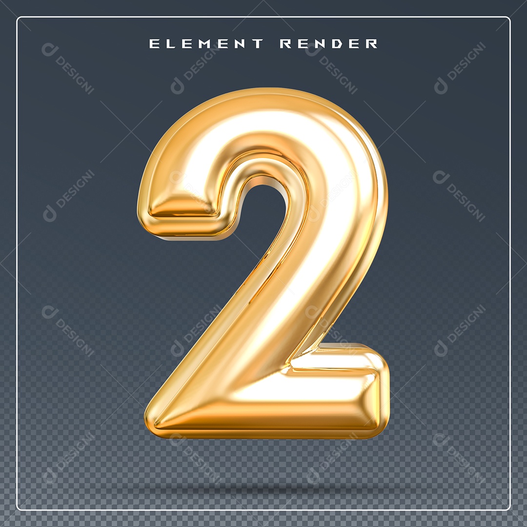 Elemento 3D Número 2 Dourado para Composição PSD