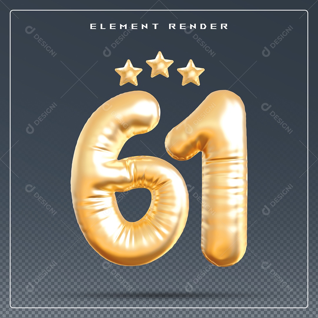 Elemento 3D Número 61 Dourado para Composição PSD