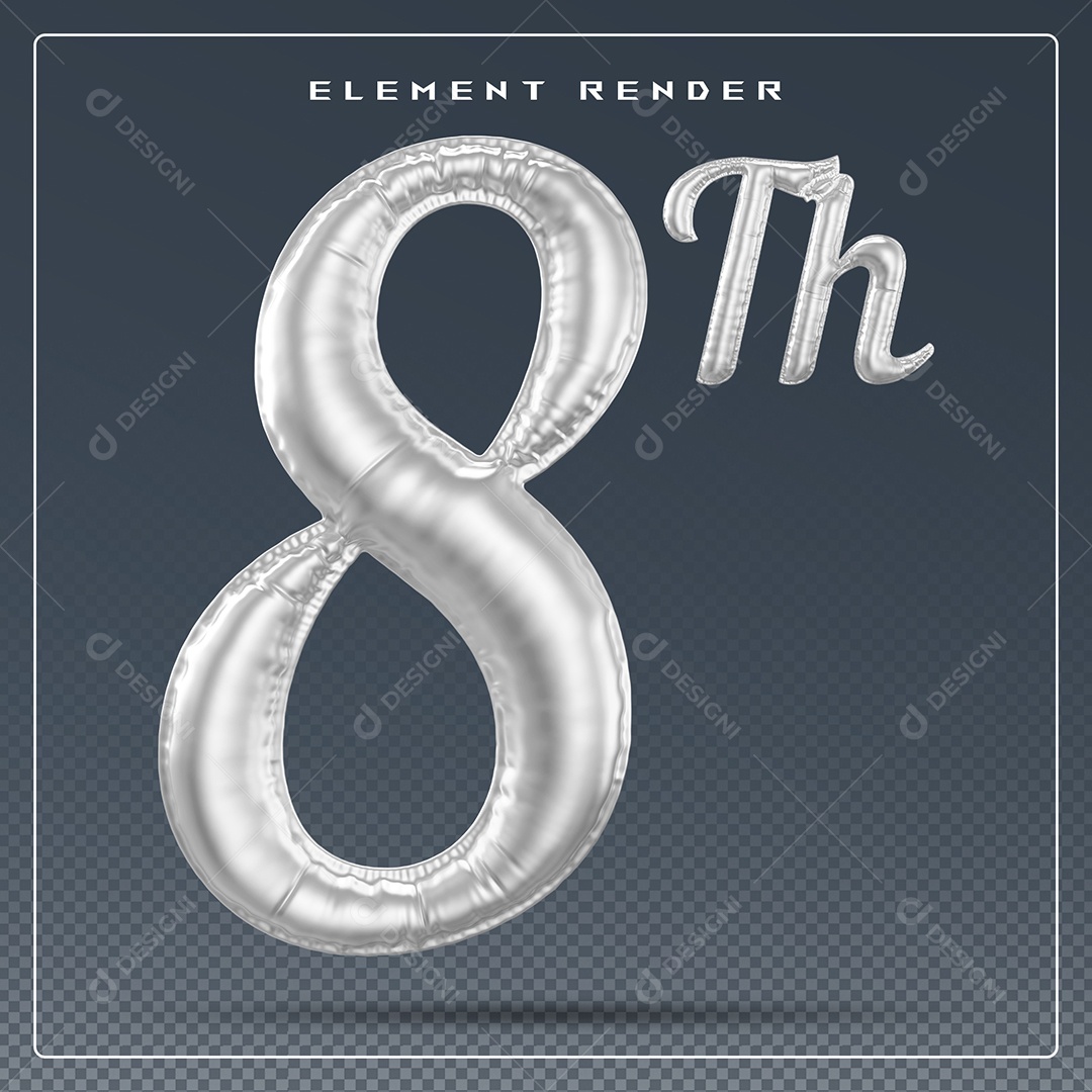 Elemento 3D Número 8 Th Cinza para Composição PSD