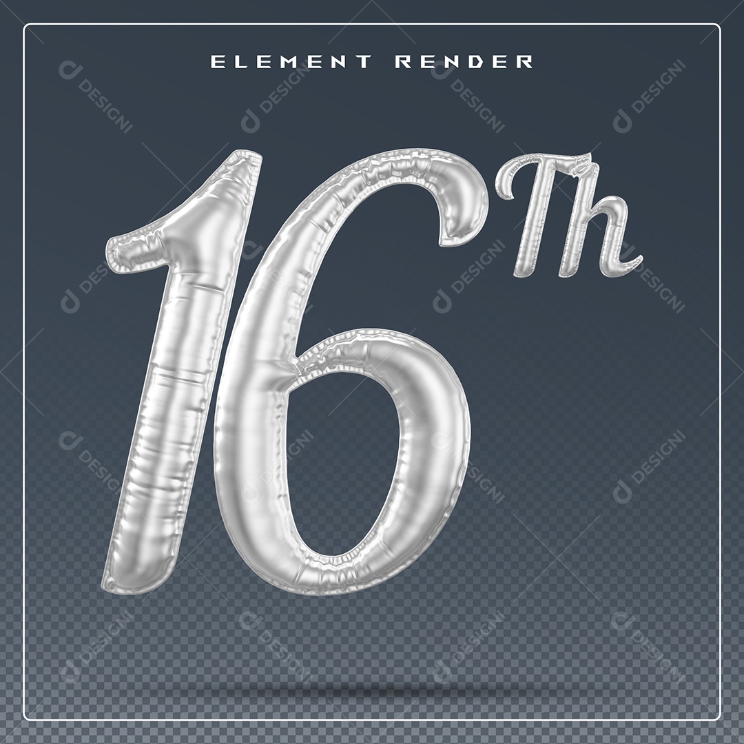 Elemento 3D Número 16 Th Cinza para Composição PSD