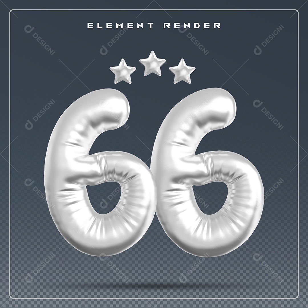 Elemento 3D Número 66 Cinza para Composição PSD