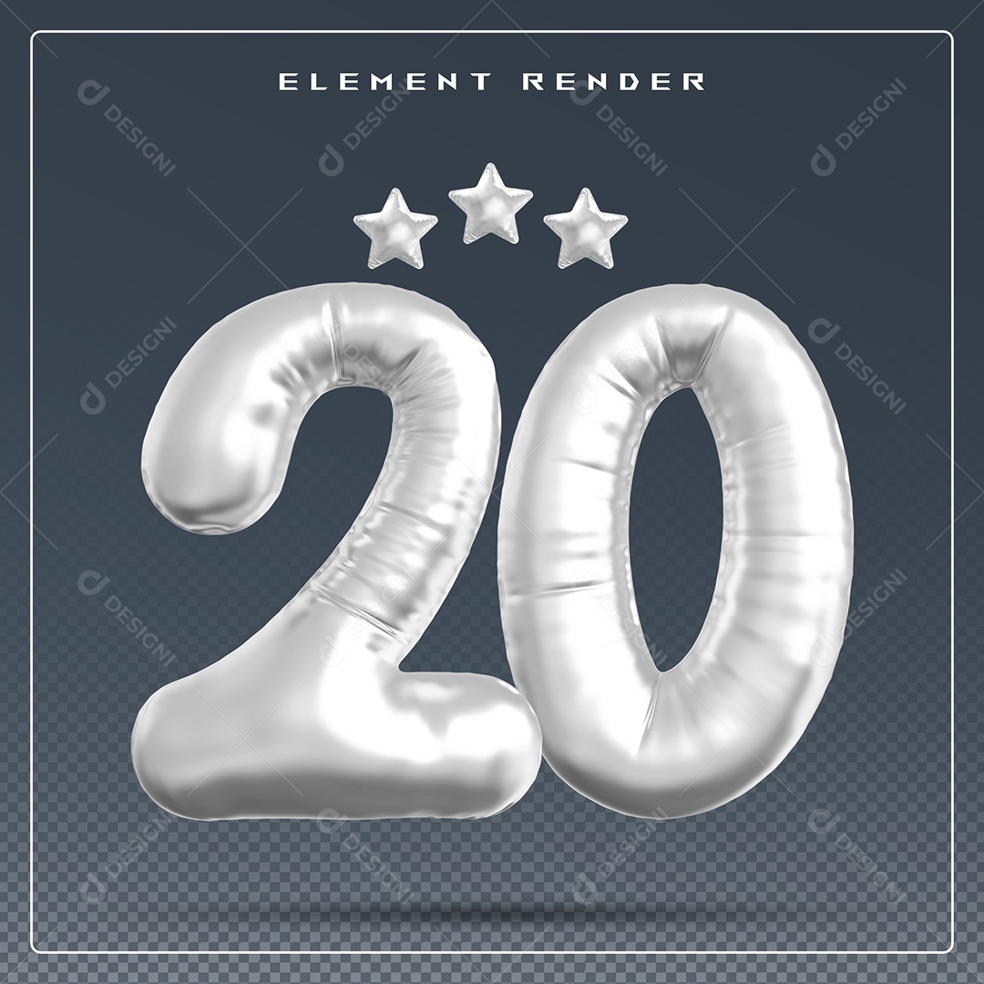Elemento 3D Número 20 Cinza para Composição PSD