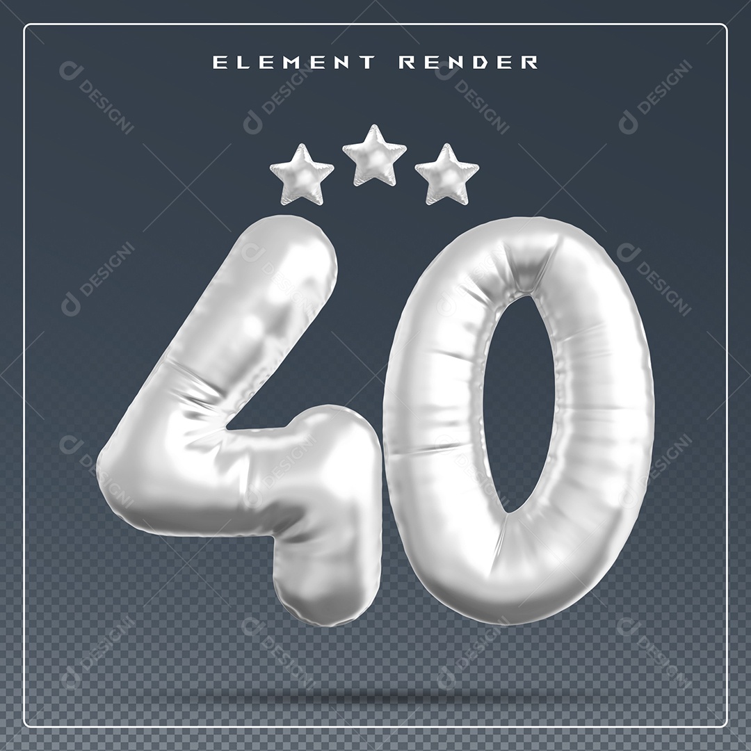 Elemento 3D Número 40 Th Cinza para Composição PSD