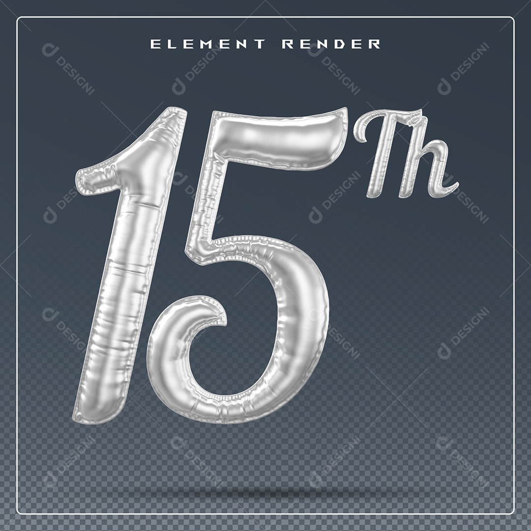 Elemento 3D Número 15 Th Cinza para Composição PSD