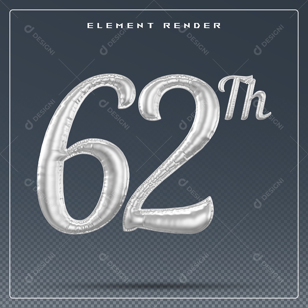 Elemento 3D Número 62 Th Cinza para Composição PSD