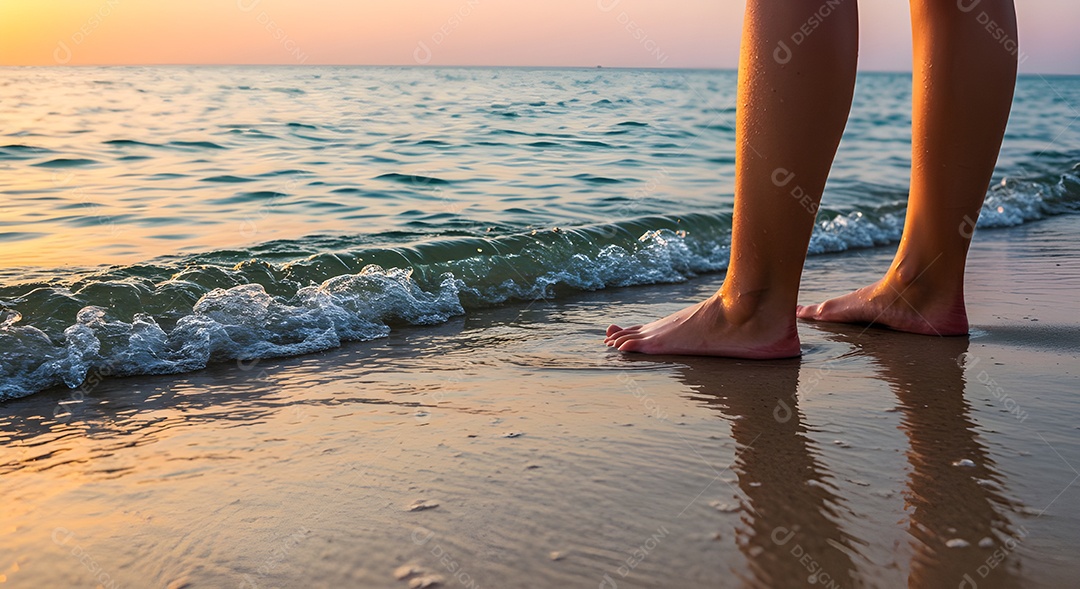 Pés de pessoa caminhando sobre praia