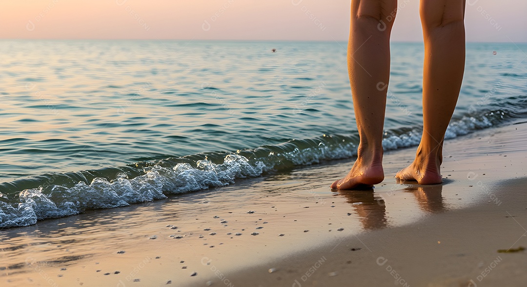 Pés de pessoa caminhando sobre praia