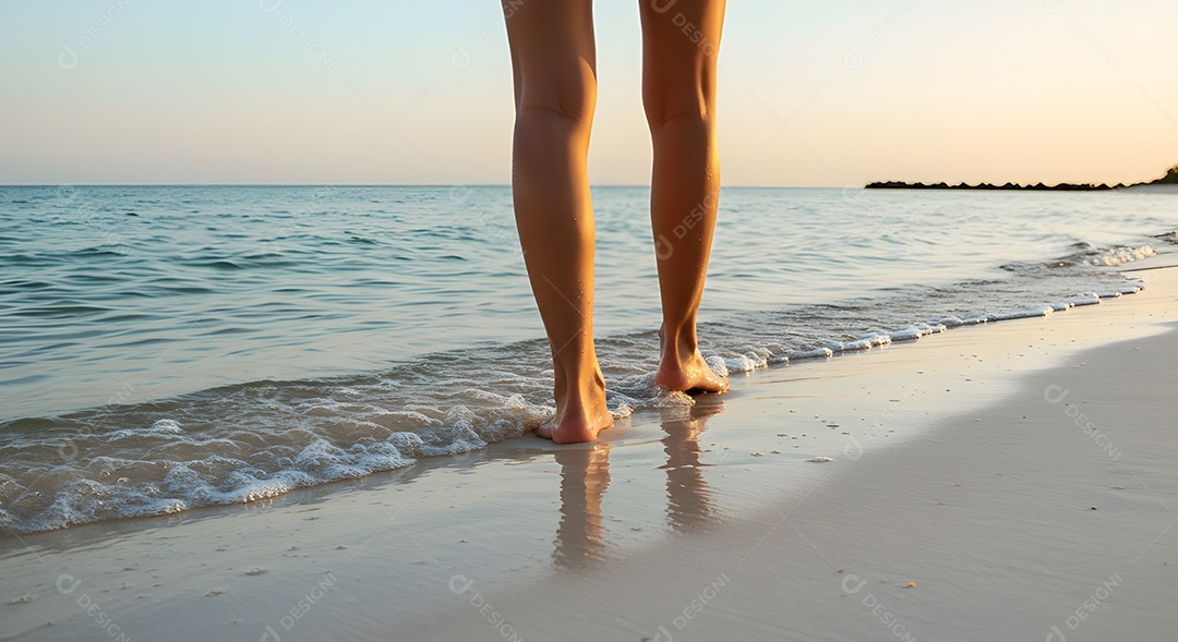 Pés de pessoa caminhando sobre praia