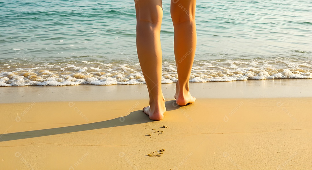 Pés de pessoa caminhando sobre praia
