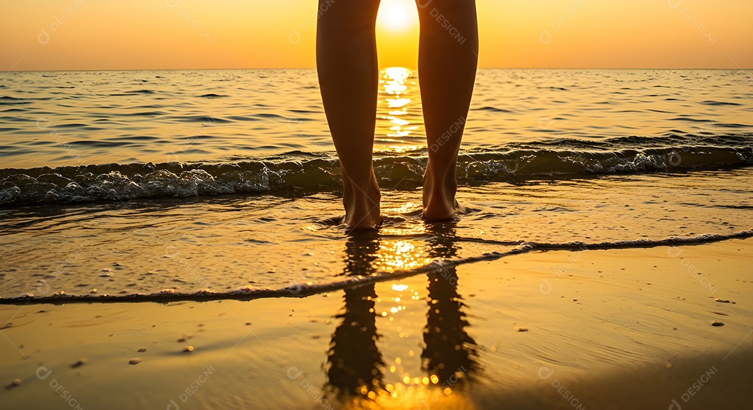 Pés de pessoa caminhando sobre praia