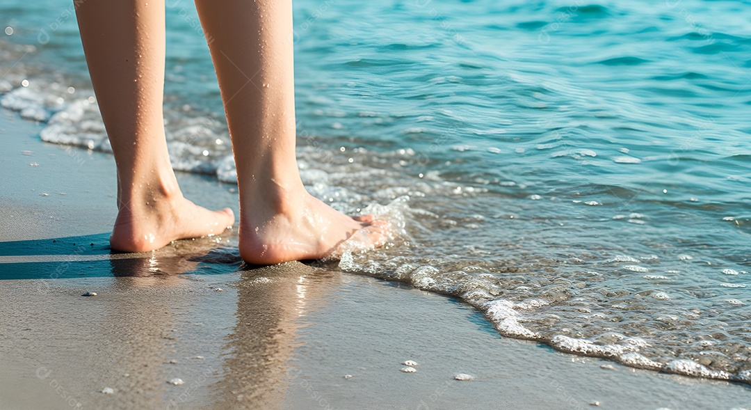 Pés de pessoa caminhando sobre praia