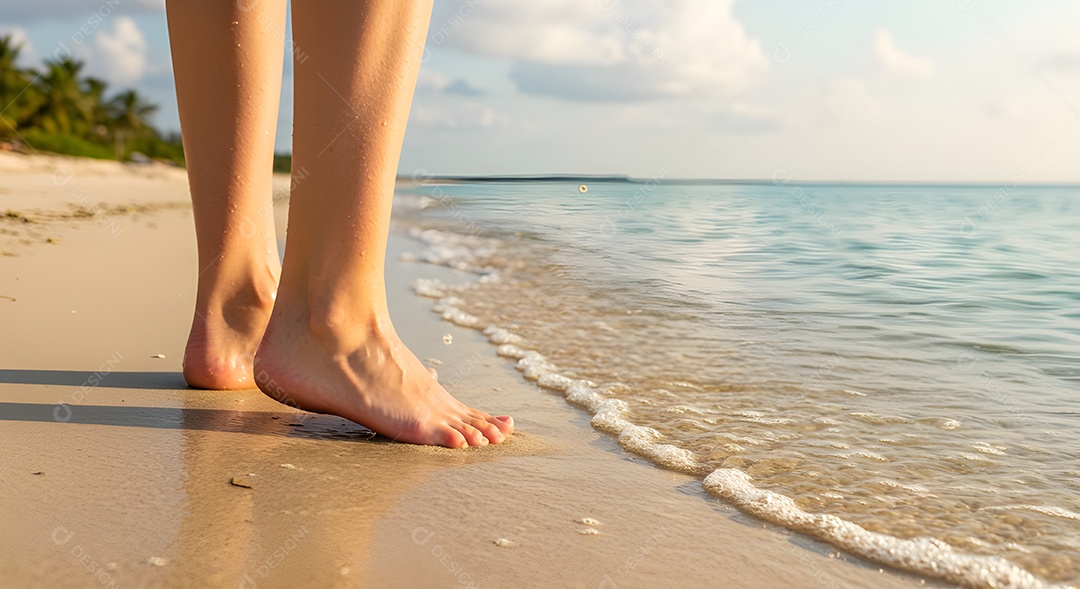 Pés de pessoa caminhando sobre praia