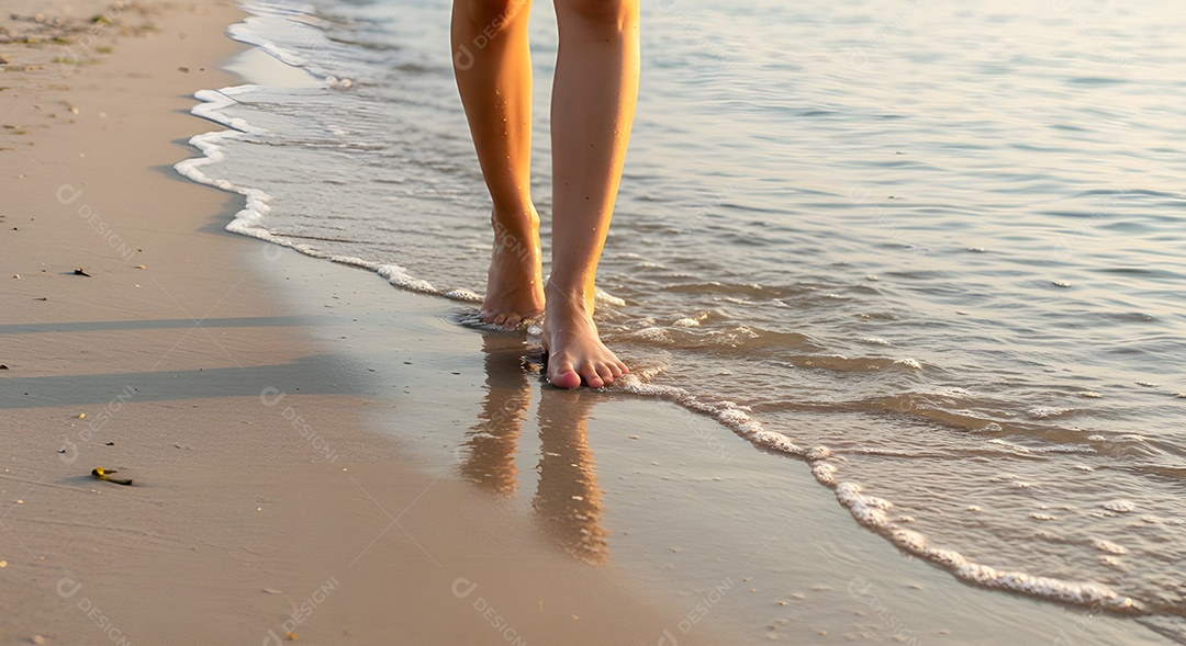 Pés de pessoa caminhando sobre praia