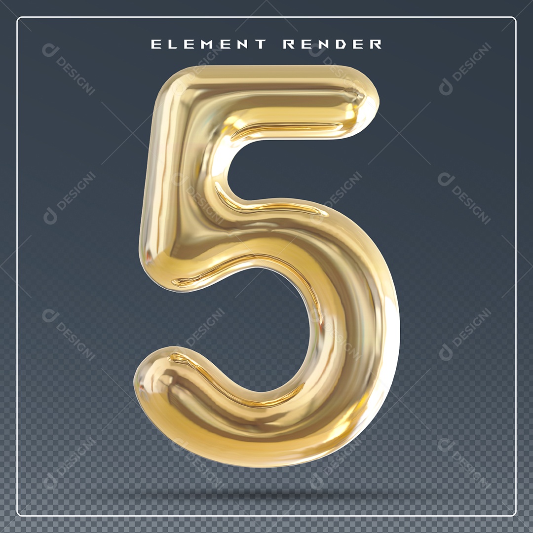 Elemento 3D Número 5 Dourado para Composição PSD