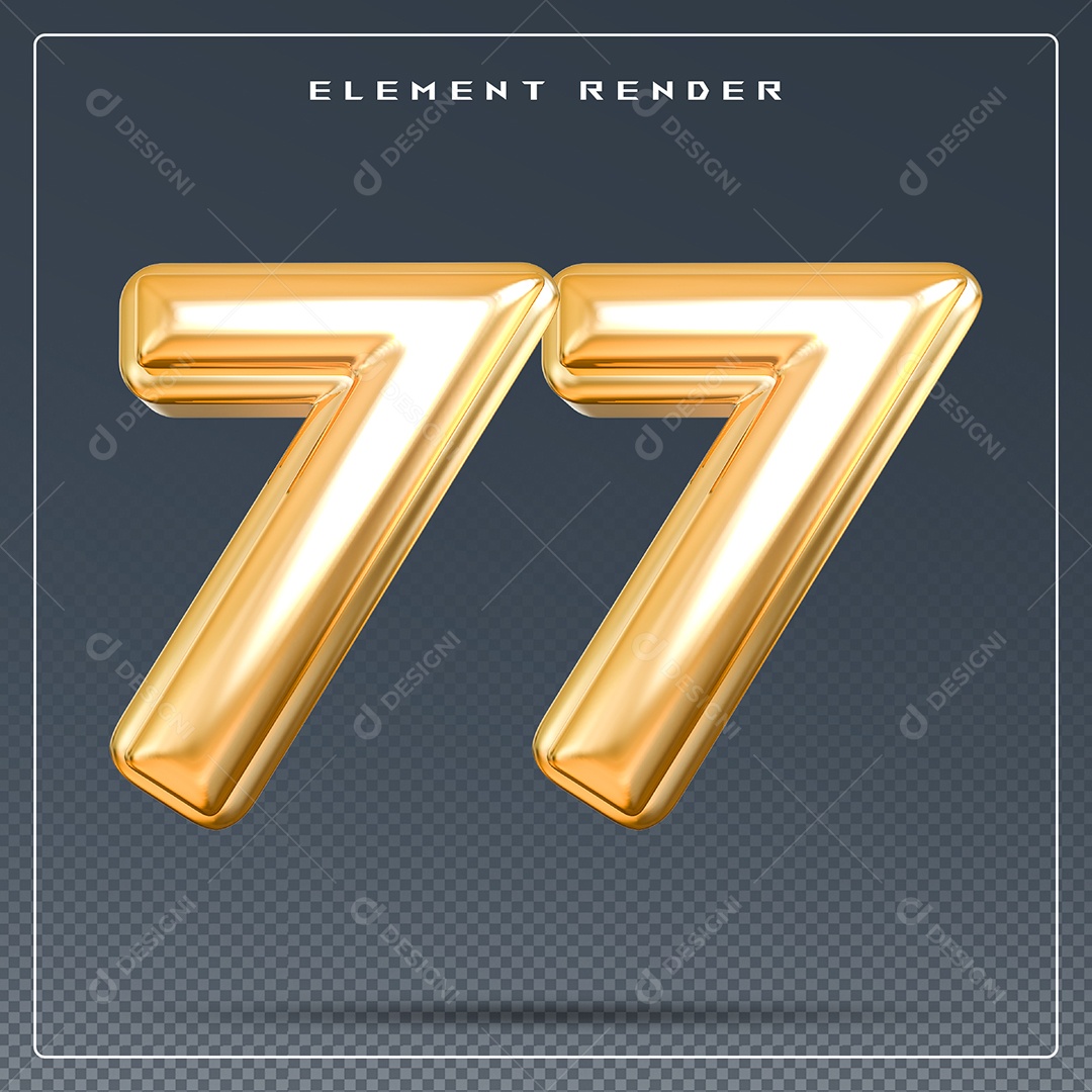 Elemento 3D Número 77 Dourado para Composição PSD