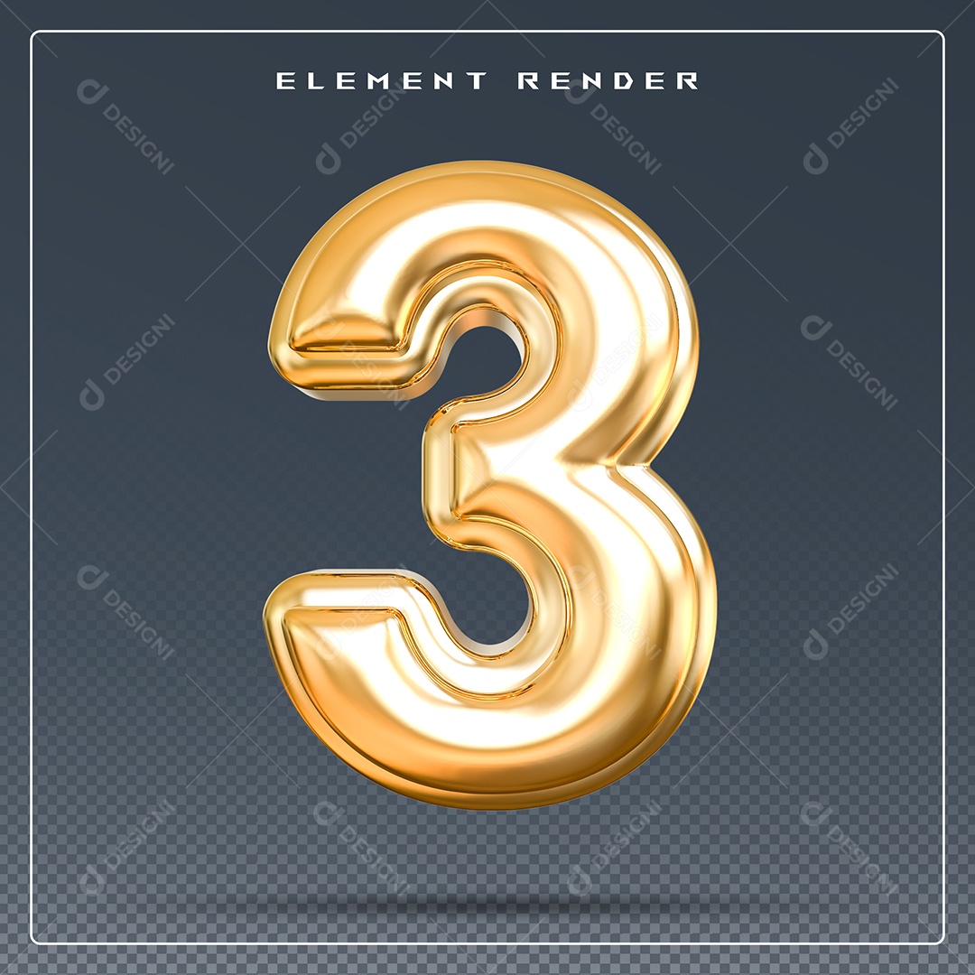 Elemento 3D Número 3 Dourado para Composição PSD