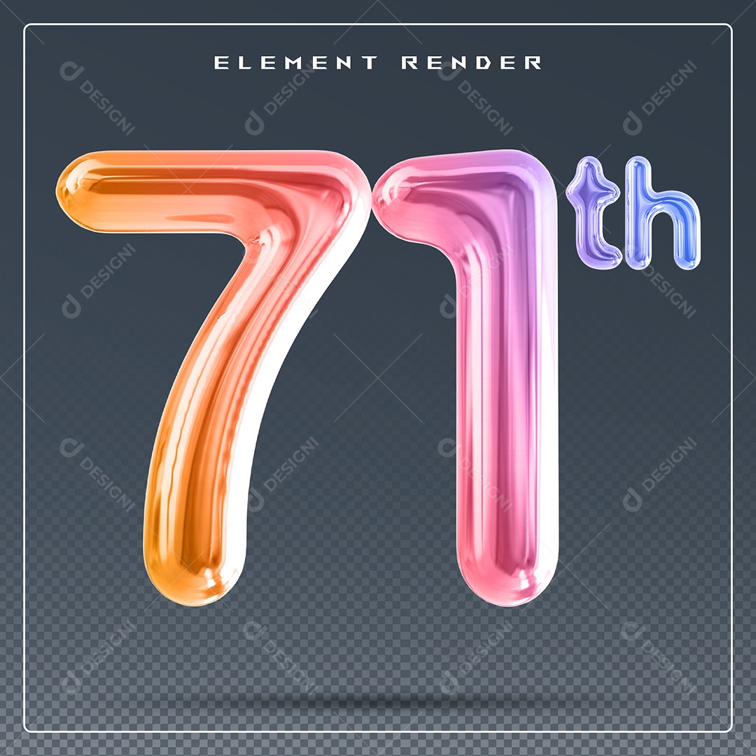 Elemento 3D Número 71 Th Colorido para Composição PSD
