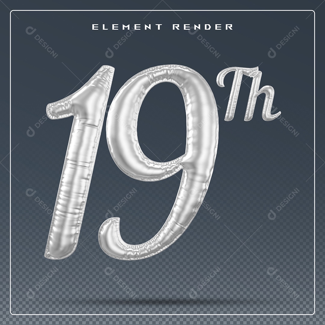 Elemento 3D Número 19 Th Cinza para Composição PSD