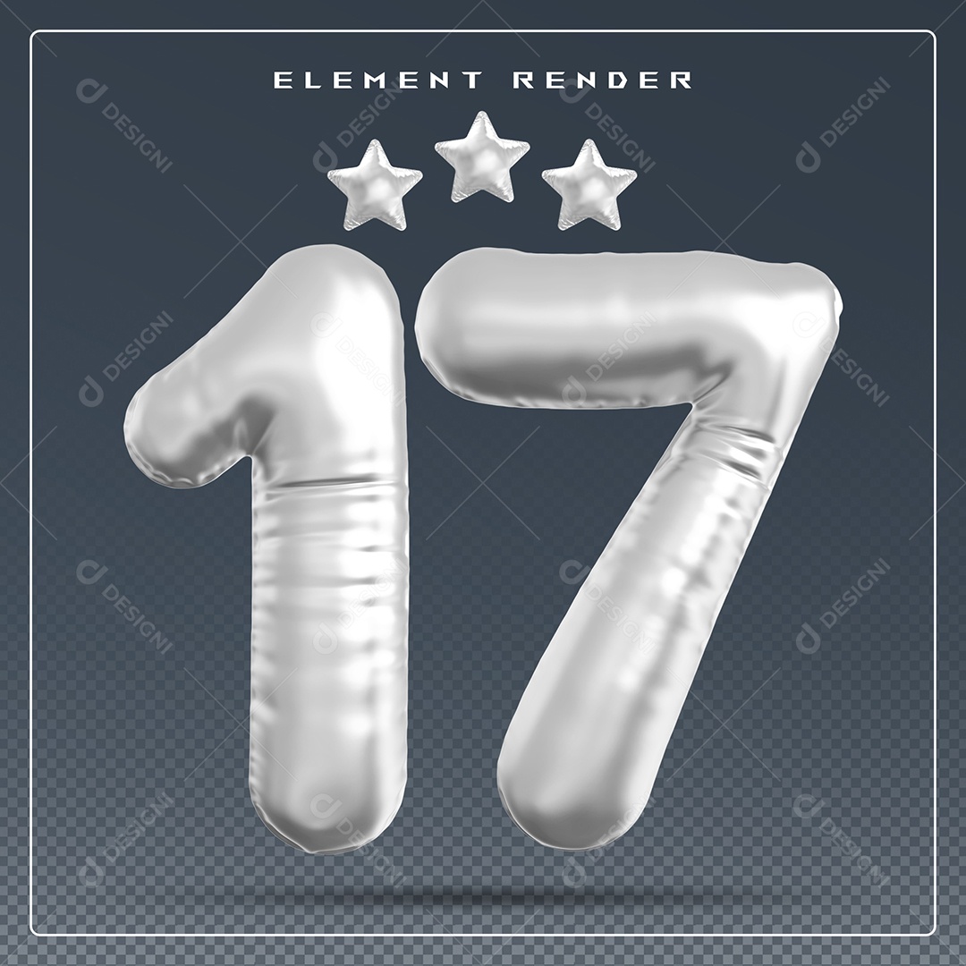 Elemento 3D Número 17 Cinza para Composição PSD