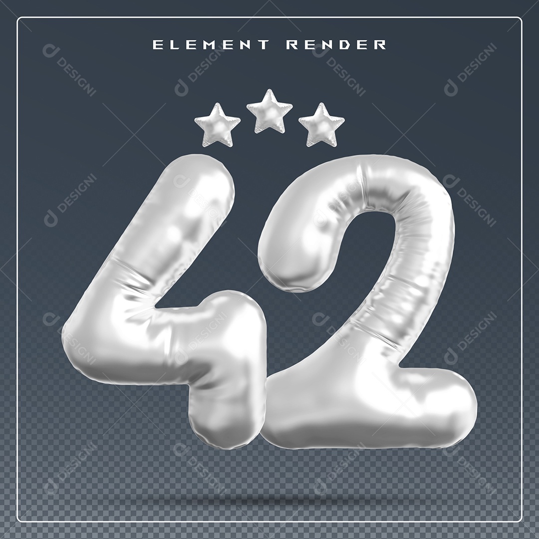 Elemento 3D Número 42 Cinza para Composição PSD