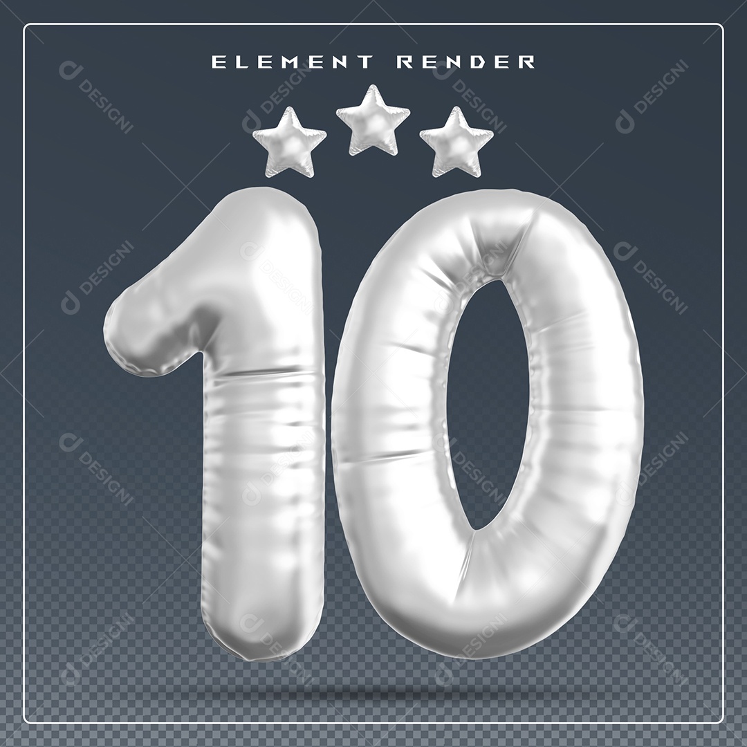 Elemento 3D Número 10 Cinza para Composição PSD