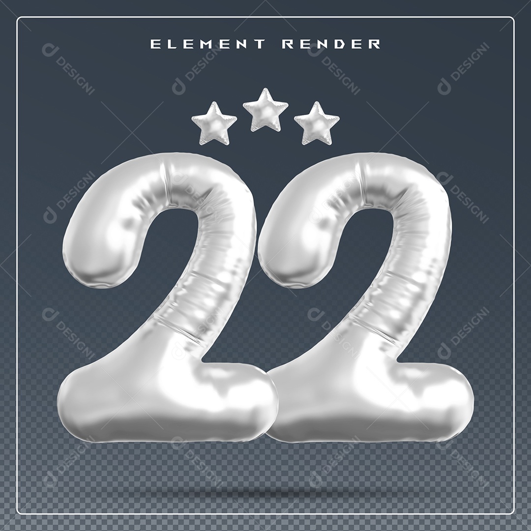 Elemento 3D Número 22 Cinza para Composição PSD