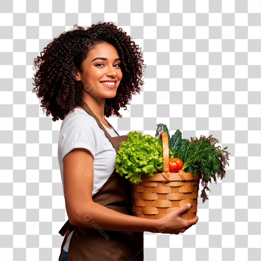 Mulher Segurando Cesta de Verdura PNG Transparente