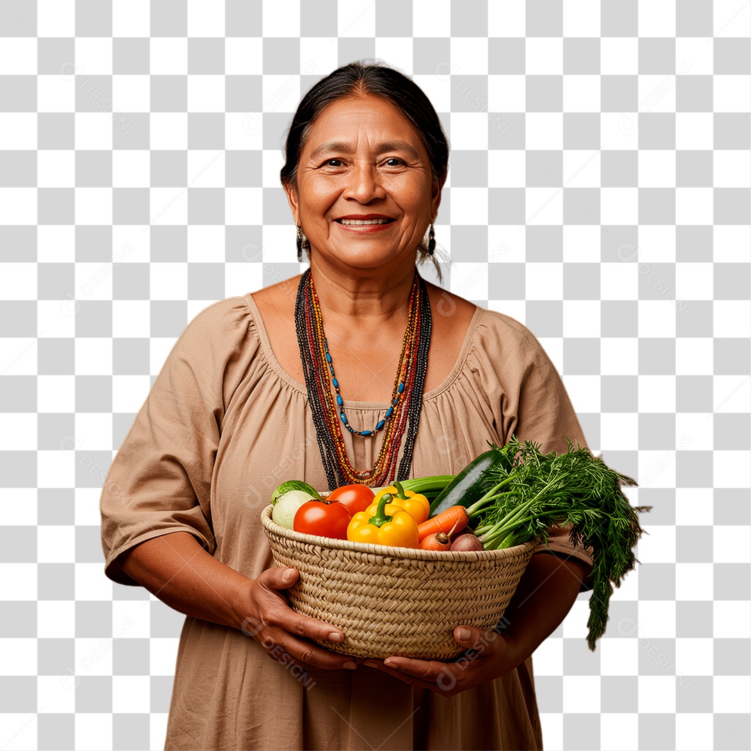 Mulher Segurando Cesta de Verdura PNG Transparente