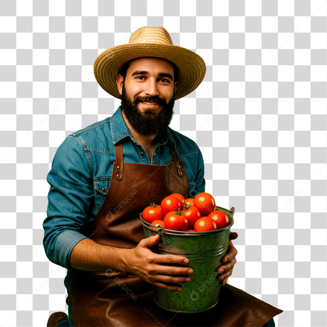 Homem Segurando Balde de Tomate PNG Transparente