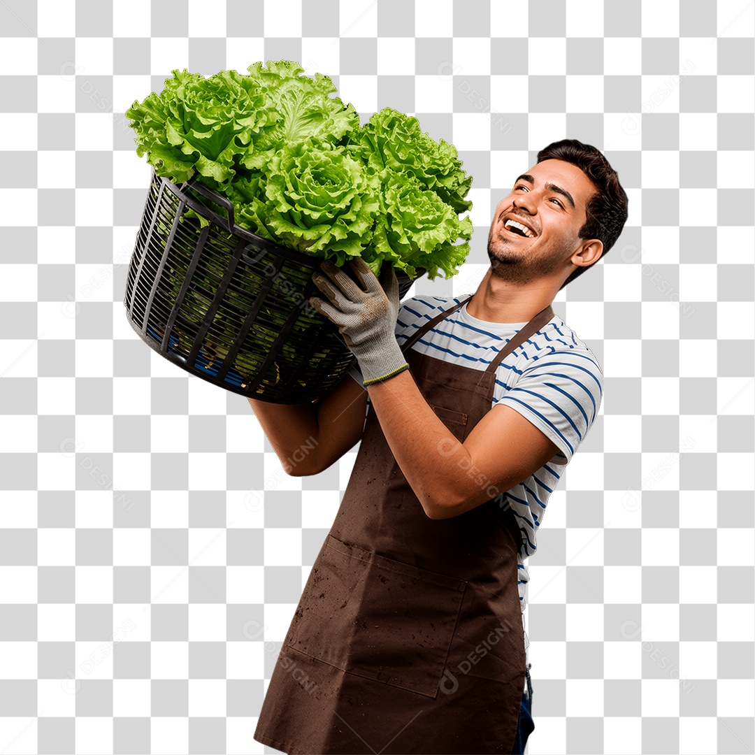 Homem Segurando Balde de Alface PNG Transparente