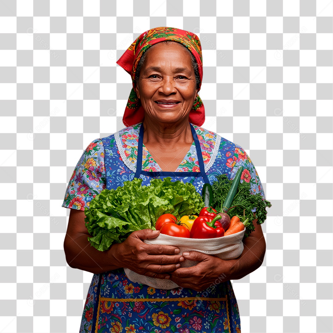 Mulher Idosa Segurando Bacia de Verduras PNG Transparente