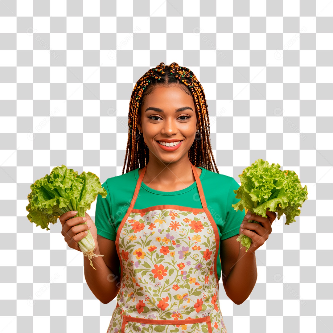 Mulher Segurando Folhas de Alface PNG Transparente