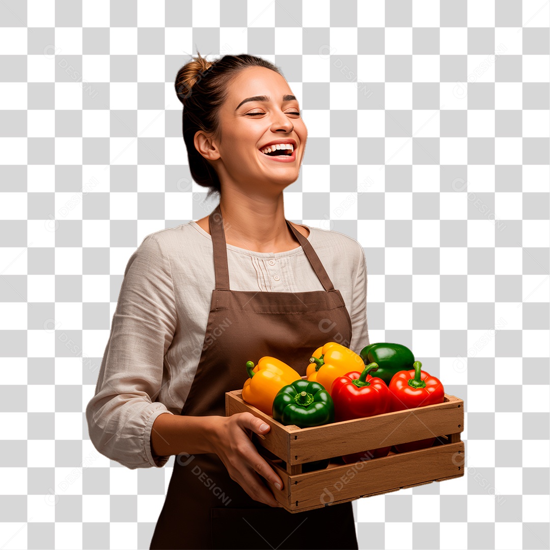 Mulher Segurando Cesta de Pimentões PNG Transparente