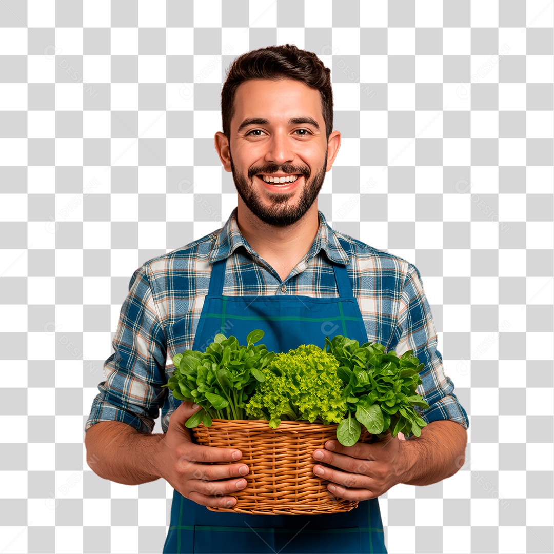 Agricultor Segurando Cesta de Verduras PNG Transparente