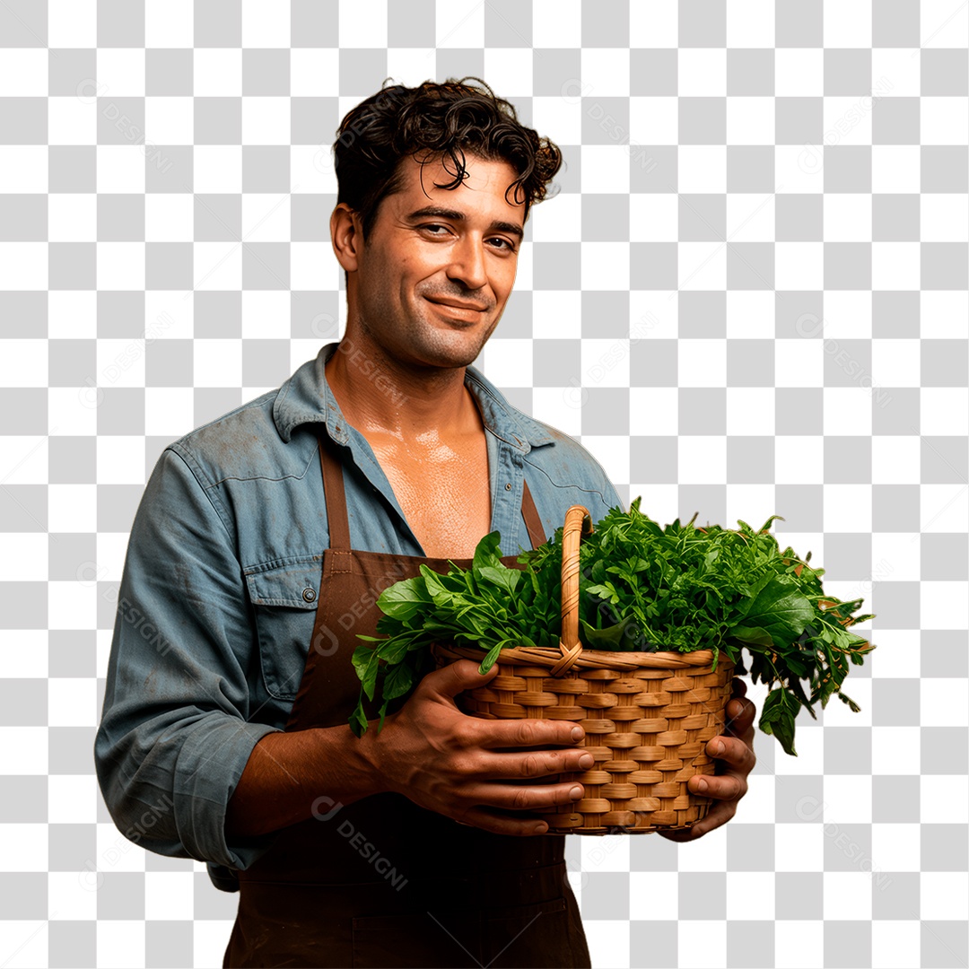 Agricultor Segurando Cesta de Verduras PNG Transparente