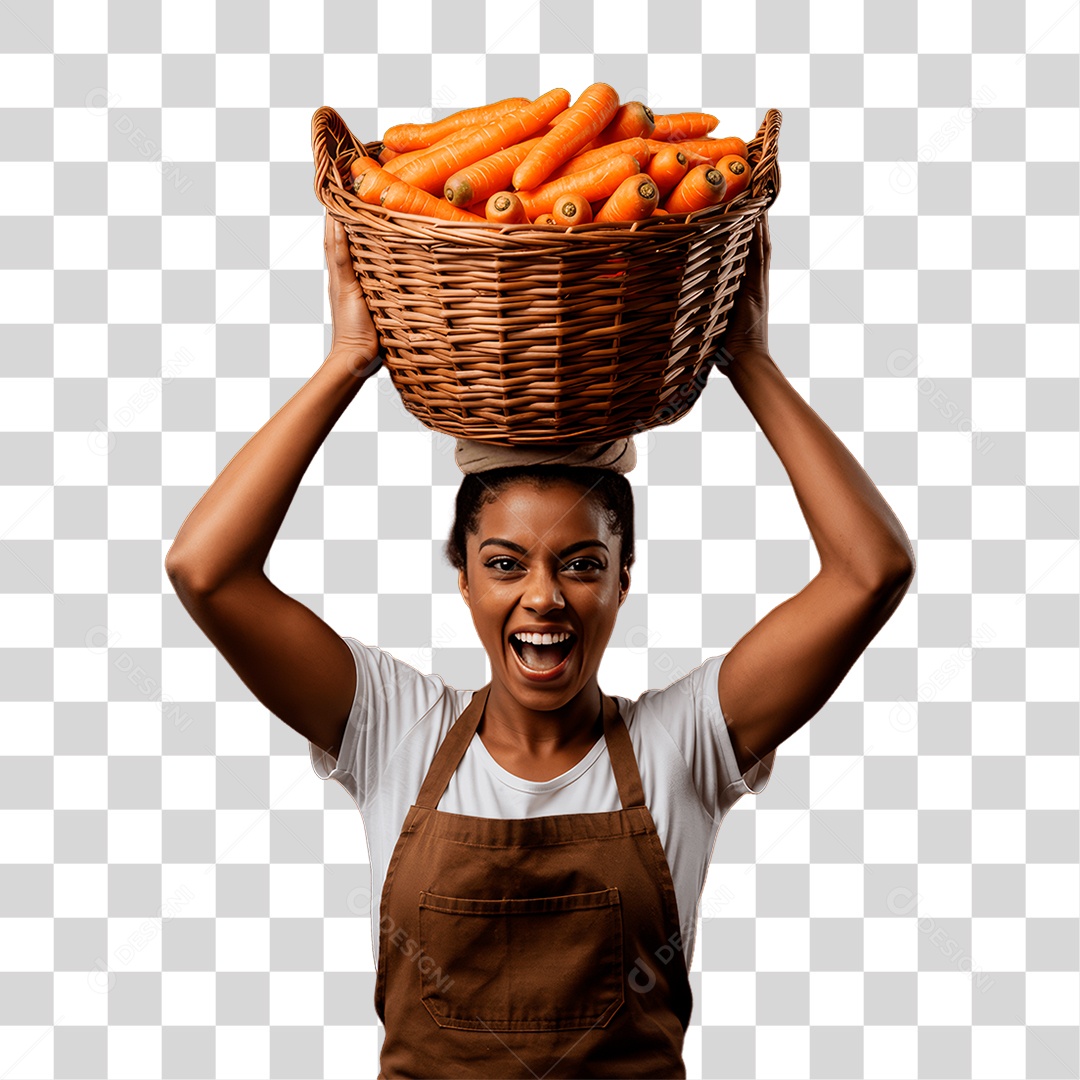 Agricultora com Cesta de Cenouras PNG Transparente