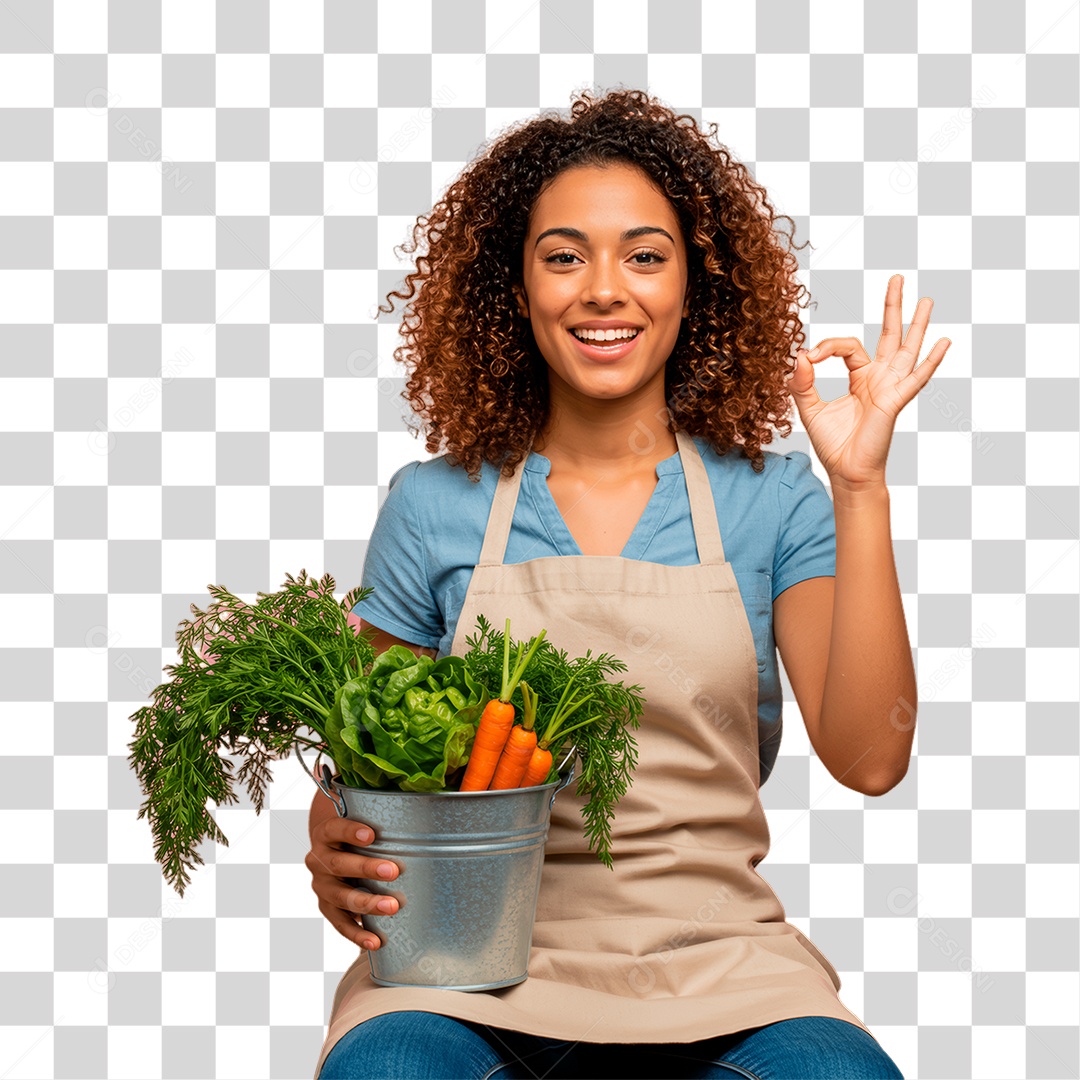 Agricultora Segurando Balde de Verduras PNG Transparente