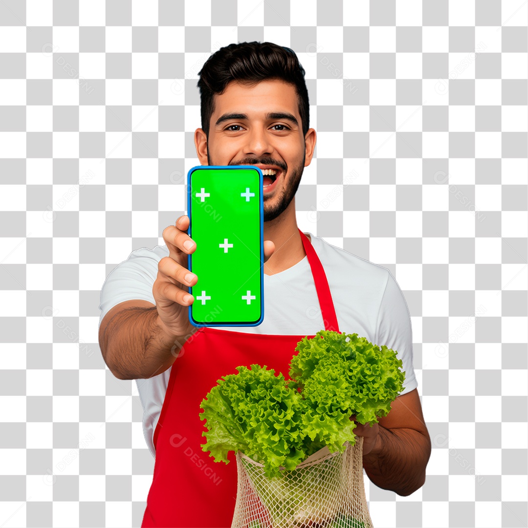 Agricultor Segurando Celular com Cromakey PNG Transparente