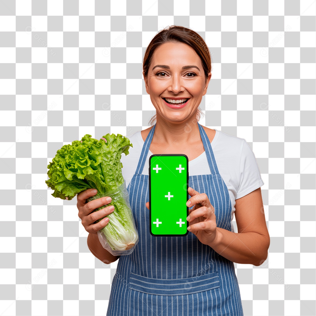 Agricultora Segurando Celular com Cromakey PNG Transparente