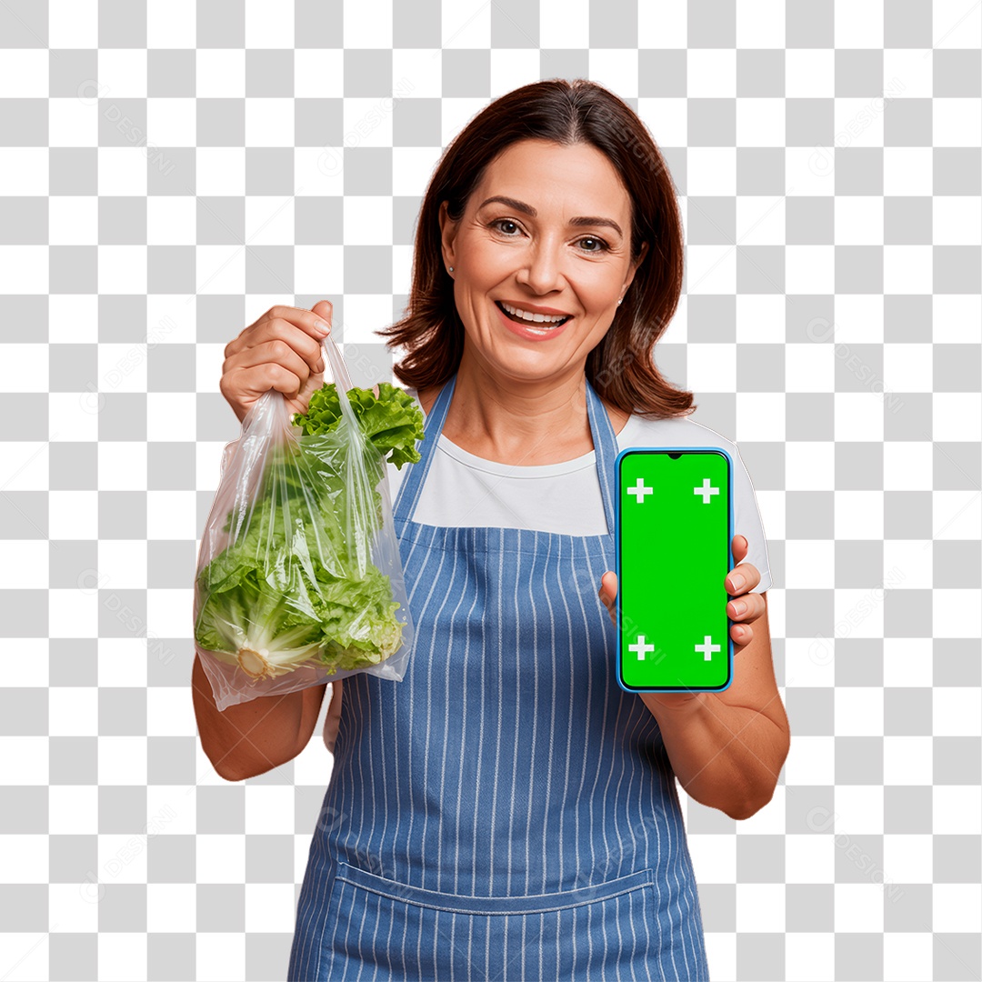 Agricultora Segurando Celular com Cromakey PNG Transparente