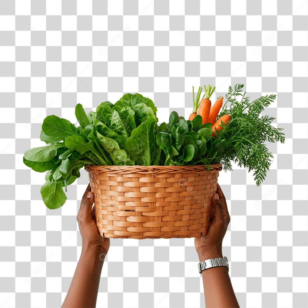 Mãos Segurando Cesta com Folhas de Alface PNG Transparente
