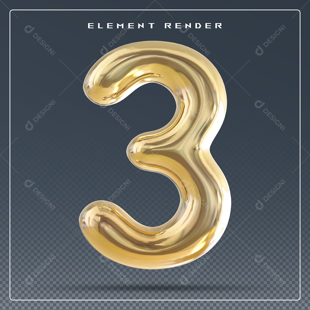 Elemento 3D Número 3 Dourado para Composição PSD
