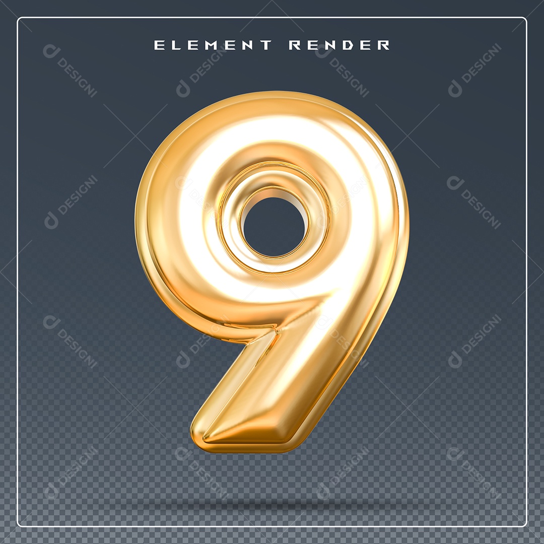 Elemento 3D Número 9 Dourado para Composição PSD