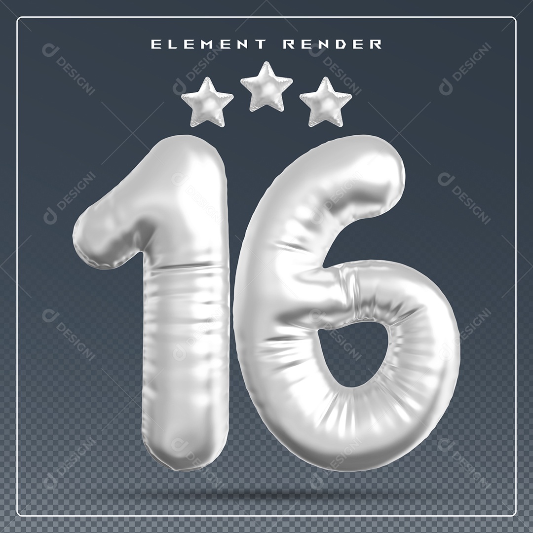 Elemento 3D Número 16 Cinza para Composição PSD