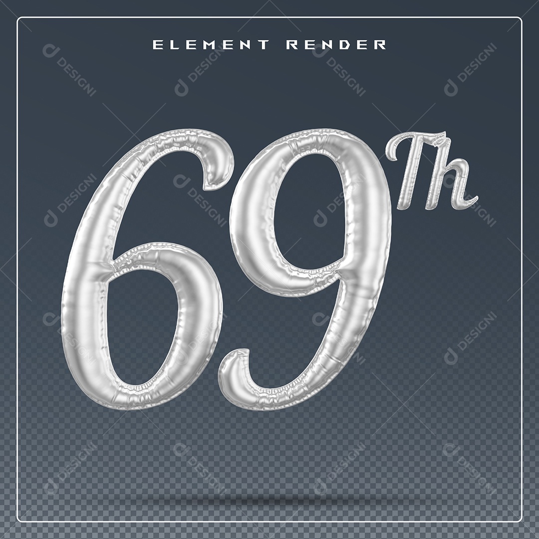 Elemento 3D Número 69 Th Cinza para Composição PSD