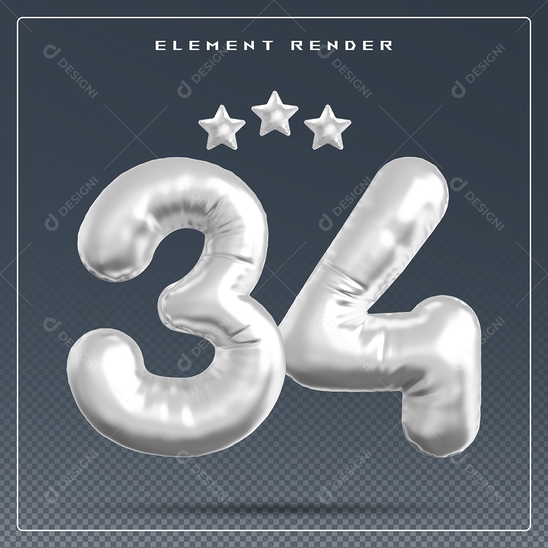 Elemento 3D Número 34 Cinza para Composição PSD