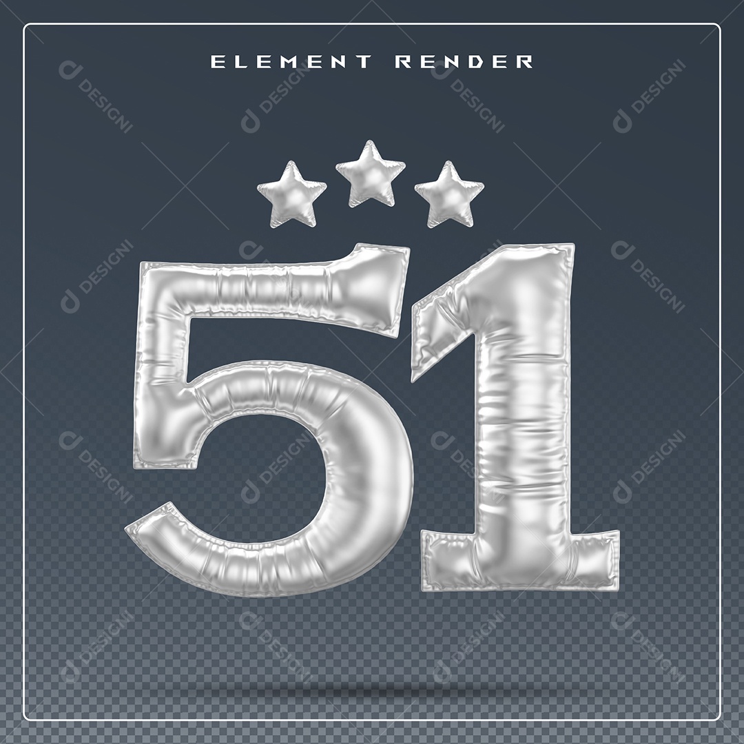 Elemento 3D Número 51 Cinza para Composição PSD