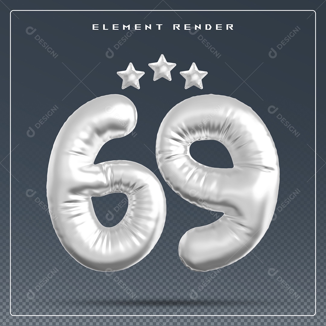 Elemento 3D Número 69 Cinza para Composição PSD