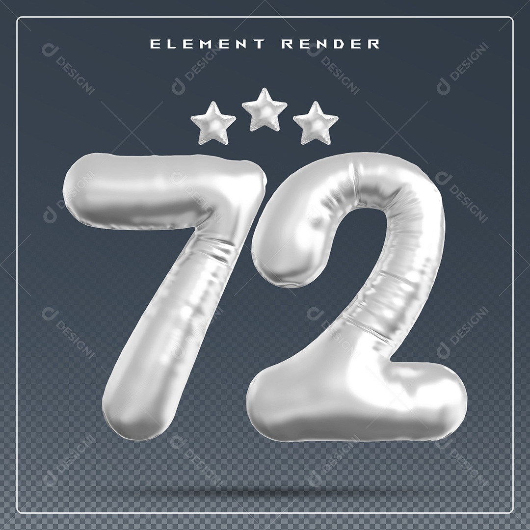 Elemento 3D Número 72 Cinza para Composição PSD