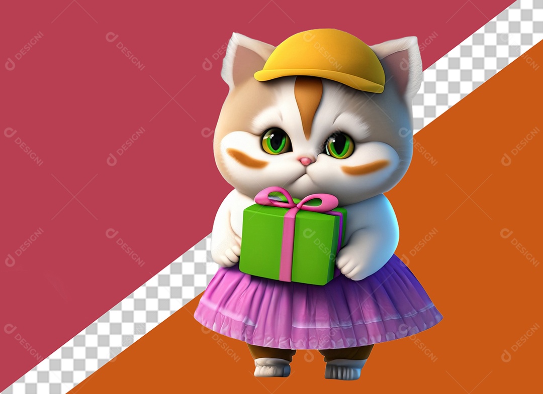 Gatinha Segurando Caixa de Presente Personagem 3D Para Composição PSD